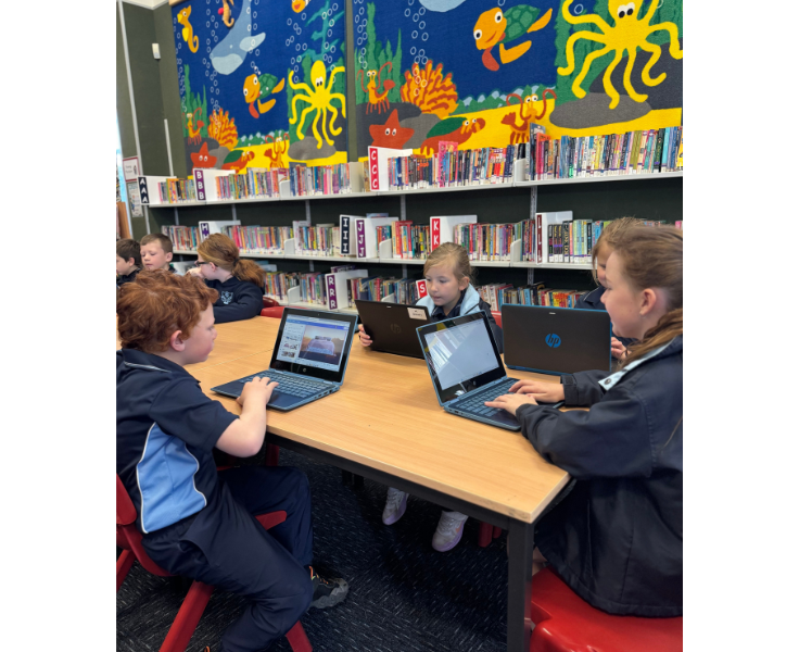Primary student in the library learning on student laptops