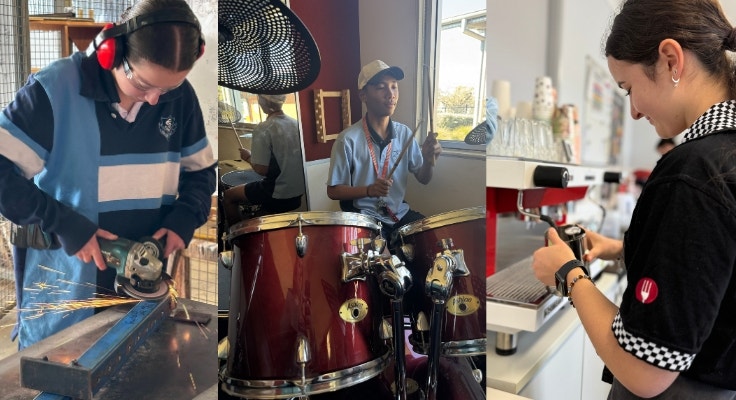 Students working in metal tech, music and hospitality