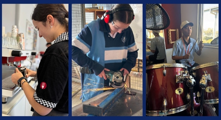 Secondary students practicing their hospitality, metal work and music skills