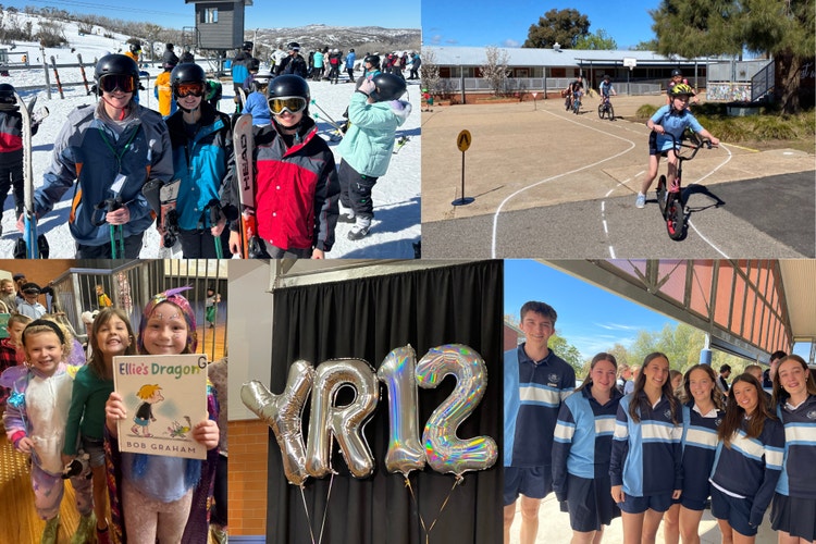 Collage of students at Selwyn snow fields, bike week, book parade, and year 12 on their final day